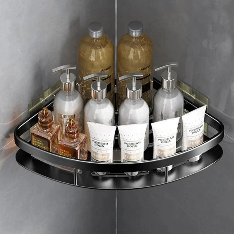 Aluminum Alloy No-Drill Corner Bathroom Shelf – Shampoo & Makeup Organizer